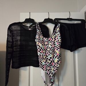 No Boundaries Multicolor Checkered Swimsuit Set (Swimsuit, Crochet Top, Shorts)